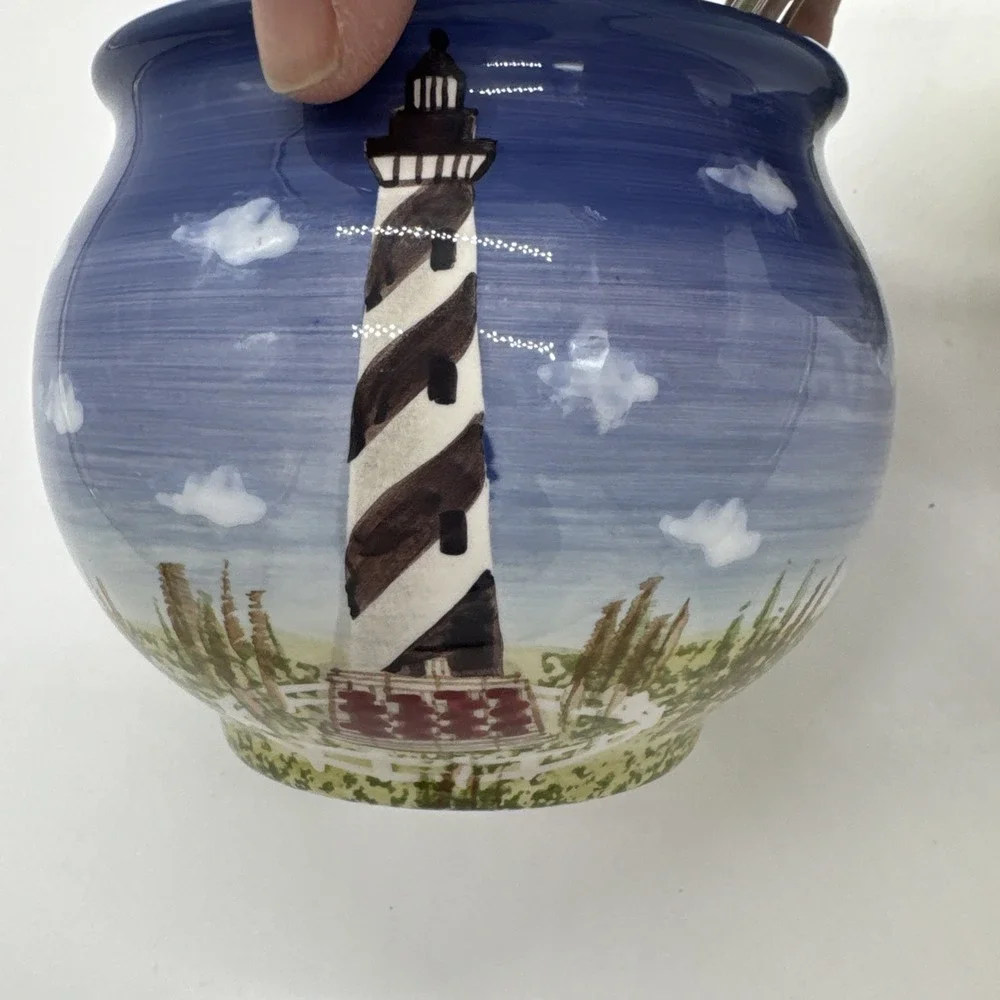 Distinctively Lefton Vintage Hand Painted Sugar & Creamer Lighthouse Coastal